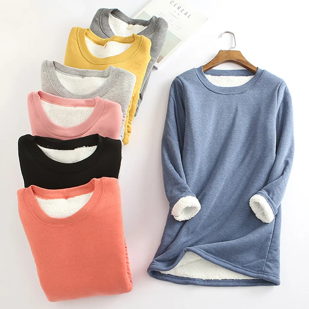 

2020 Winter Women Thick Fleece Sweatshirt Velvet Warm Solid O-neck Underwear Blouse Tops олсовка женская